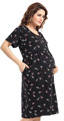 Image of Fabme Women's Above Knee Length Printed Pre and Post Pregnancy Pure Cotton Nursing Nightdress Nighty