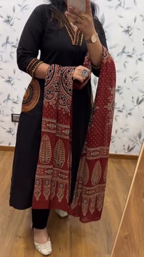 Image of GoSriKi Women's Rayon Viscose Straight Embroidered Kurta with Pant and Dupatta | V-Neck Kurti Set | 3 /4 Length Regular Sleeves | Soft Comfortable Fabric | 3 Piece Outfit