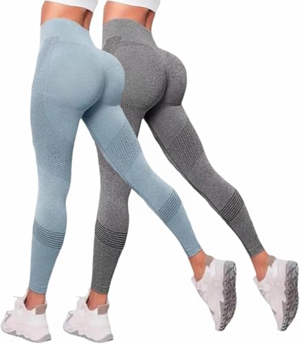 Pack de 2 leggings anticelulitis para mujer, largos, de compresión, cintura alta, push-up, sin costuras, opacos, con control de abdomen, para yoga, fitness, uso diario, dorado, M-4XL