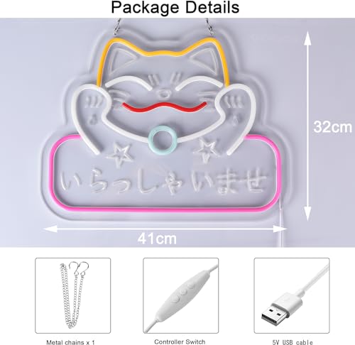 Image of Japanese Welcome Neon Sign Fortune Cat Wall Decor Dimmable Led Neon Lights Japanese Style いらっしゃいませ Neon Billboard for Restaurant Shop Store Window USB Powered 16.1 inch x 12.6 inch