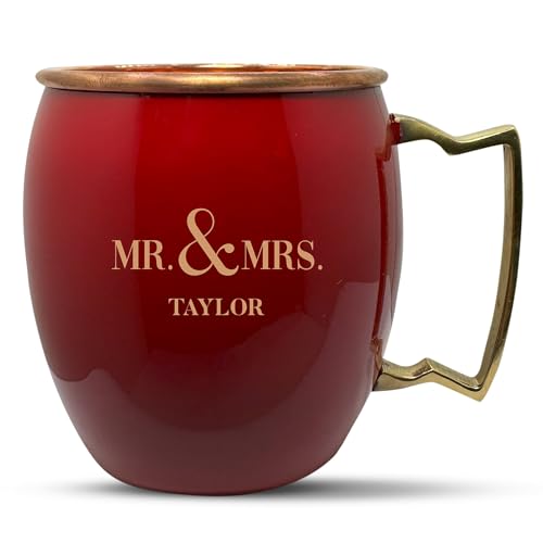 Custom Copper Moscow Mule with Smooth Painted Finish - Engraved Bar Style 100% Copper Cup with Personalized Mr and Mrs Monogram Themed Engraving, Brass Handle | 18 oz, Red