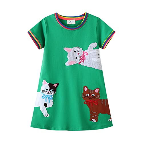 Little Girls Summer Dresses Cat Printed Tunic Short Sleeve Dress with Pocket Summer Casual Beach Sundress Outfits