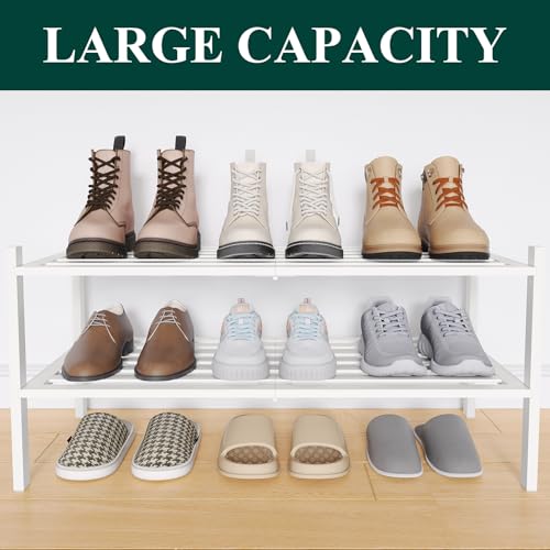 Image of Smiry Bamboo Shoe Rack, 5 Horizontal Slats, 2 Tier - 26.8 inch Wide, White