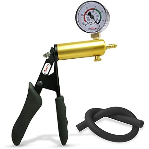 LeLuv Ultima Brass Vacuum Pump Handle with Gauge Installed, Black Ergonomic Smooth Silicone Grips, Black Silicone Hose Cover