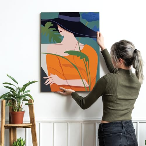 Image of PAINTINGMANTRA Stretched Modern Canvas Wall Art Painting, Black Hat Lady Artwork for Living Room, Home, Bedroom, Office Decoration (Set of 1, 16x22 Inch)
