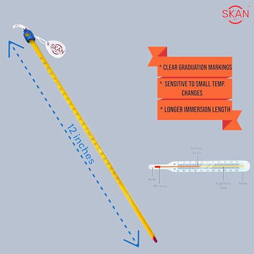 Image of SKAN's Non-Mercury Precision Glass Thermometer | Laboratory & Industrial Use | Ranges from 0 to 250 degree celsius | 305mm or 12 inches Long | With Plastic case & Hanging Rubber eyelet | (Pack of 2)