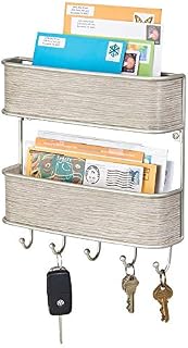mDesign Wall Mount Metal Mail Organizer Storage Basket - 2 Tiers, 5 Hooks