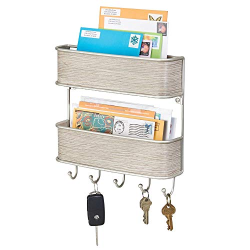 mDesign Wall Mount Metal Mail Organizer Storage Basket - 2 Tiers, 5 Hooks