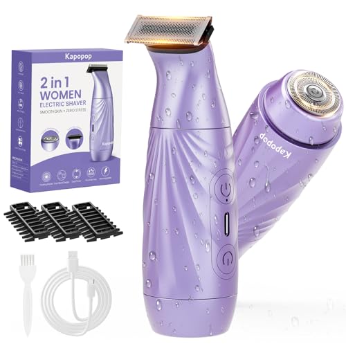 Kapopop New Designed for Sensitive Skin Painless 2-in-1 Bikini Trimmer for Women,Dual Heads Electric Shaver & Razor for Body Pubic Underarm&Facial Hair,IPX7 Waterproof,Rechargeable Cordless Razor