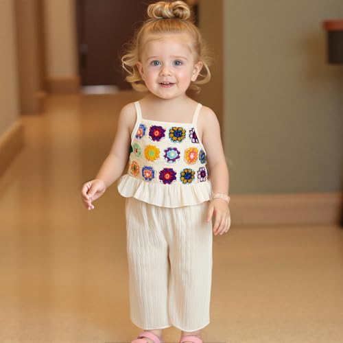 Toddler Baby Girl Summer Outfits Crochet Camisole Top and Linen Pants 2PC Kids Bohemian Beach Clothes for Girls2
