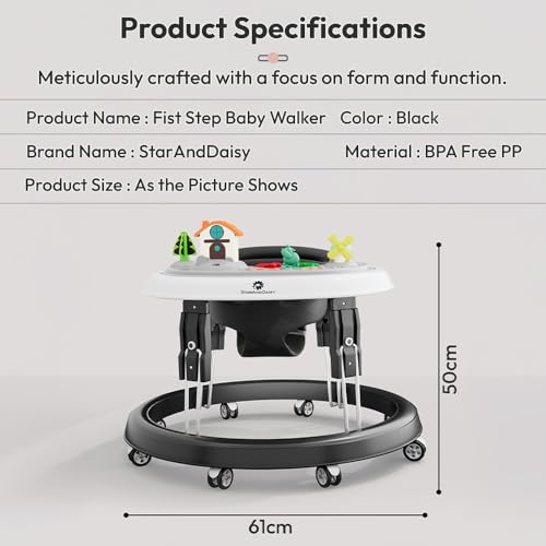 StarAndDaisy Walker for Kids 6 to 24 Months/Baby Walker Boy & Girl with 360° Rotational Wheels, Removable Tray& Padded Seat/Foldable Walker for Kids for 1 Year with Adjustable Height -Black