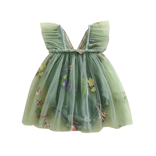Image of Baby Girls Tulle Dress Sleeveless Floral Butterfly Tutu Dresses Birthday Party Princess Sundress (B-Green, 3-6 Months)
