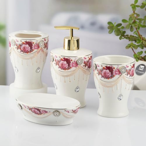 Image of Kookee Ceramic Bathroom Accessories Set, 4 Piece Bath Kit with Soap Dispenser, Toothbrush Holder, Tumbler & Soap Dish | Luxury Home & Guest Bathroom Decor, White (10477)