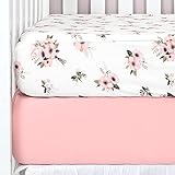 TILLYOU 2-Pack Printed Fitted Crib Sheet Set for Boys or Girls, 100% Natural Cotton Toddler Bed Mattress Sheets, Gentle to Baby’s Sensitive Skin, Standard 28”x52”8”, Pink/Floral Flowers
