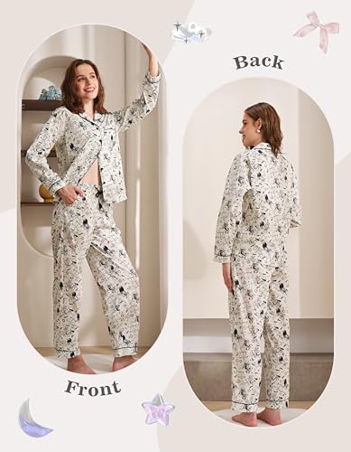 Image of NAP BOUND 100% Cotton Pajamas for Women 2 Piece PJs Set Long Sleeve Button Down Breathable Woven Sleepwear Loungewear XS-XXL