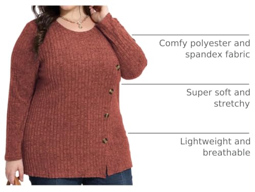 Image of RITERA Plus Size Sweater, Ribbed Long Sleeve Solid Top for Women | Soft vertical ribbed knit, modest V neck, loose long sleeves, curved swing hem, slimming casual layering top for curvy women