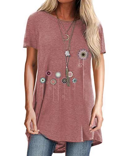 Mansy Womens Casual Basic Round Neck Short Sleeve Floral Dandelion Print Summer Cotton T-Shirt Tunic Tops Plus Size Red
