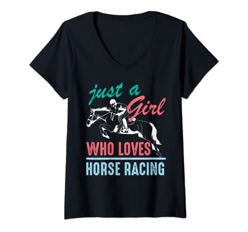 Womens Just A Girl Who Loves Horse Racing | Cute Barrel Racing Gift V-Neck T-Shirt