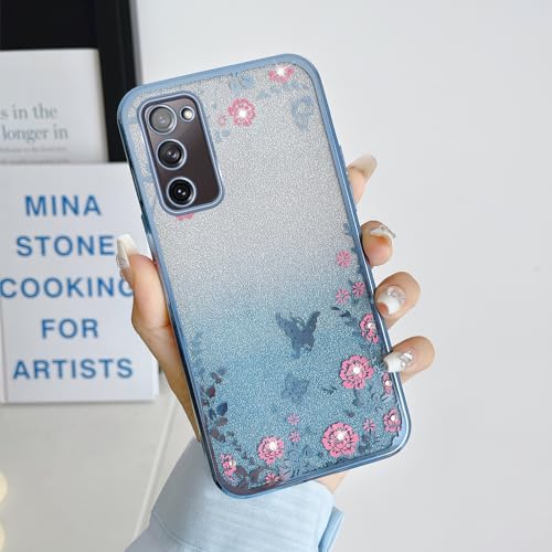 Image of for Samsung Galaxy S20 FE Case,S20 FE Case for Women Gradual Change Glitter Crystal Soft TPU Stylish Butterfly Floral Heart Clear Protective Cover with Strap for Samsung S20 FE (Blue)