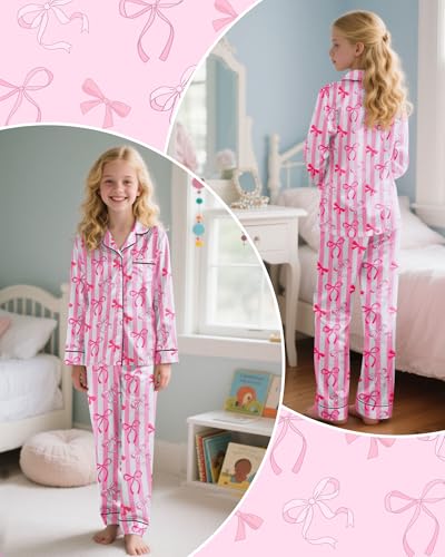 Nidoul Girls Pajamas Satin Pajama Set Silky Bow Pjs Long Sleeve Button Down Sleepwear Loungewear Sets for Big Kids 7-14Y2