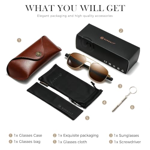 Image of SUNGAIT Real Glass Lens Sunglasses Military Style Pilot Aviator HD Shades with Upgraded Spring Hinge Bayonet Temples