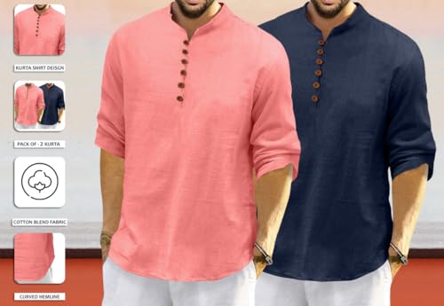 Image of ROYALSCOUT Men's Cotton Polyester Blend Solid Regular Fit Full Sleeve Short Kurta | Ethnic, Lightweight Summer Kurta for Daily & Occasion Use
