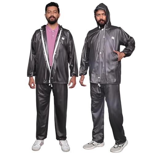Image of HACER Wood Raincoat Set with Drawstring Hem Adjustable Hood & Pants Rain Gear Wet Weather Protection Rainsuit with Carrying Pouch