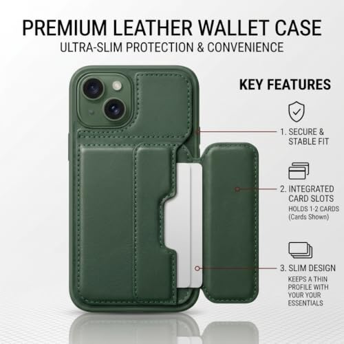 Image of amazon basics Luxury Vegan Leather Back Cover for iPhone 13 | Built-in Card Holder Slot | Integrated Mobile Stand | Slim Shockproof Protective Case with Stitched Finish - Green