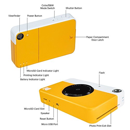 Image of Kodak Printomatic Full-Color Instant Print Camera Starter Bundle + Carrying Case + Zink 20pk Photo Paper - Colorful Photos On 2x3 Sticky-Back Paper - Fun Gift for Birthday Christmas Holiday - Yellow