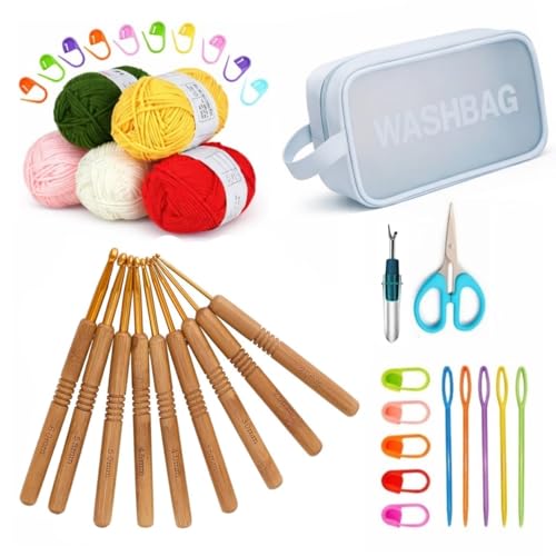 Image of VIRADHAM Crochet Kit for Beginners, Complete Crochet Hook Set with Ergonomic Wooden Hooks, Yarn, Stitch Markers, Needles, Scissors & Storage Bag (Wood Gold Crochet Yarn Pouch kit)