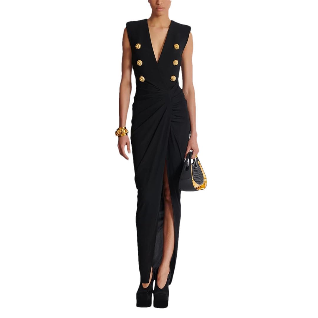 Women Solid Spliced Dresses V Neck Sleeveless Patchwork Buttonds Dress