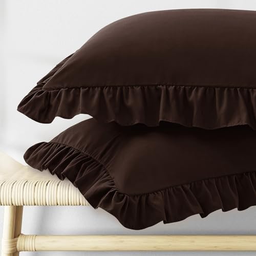 KKJIAF Ruffle Pillow Cases Queen Size Set of 2 Brown