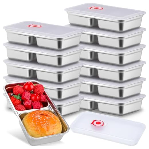 Teenyyou 12 Pcs Stainless Steel Snack Containers 30 oz 2-compartment Meal Prep Containers Reusable Metal Divided Bento Box with Silicone Lids Leakproof Lunch Box Dishwasher Safe (White)