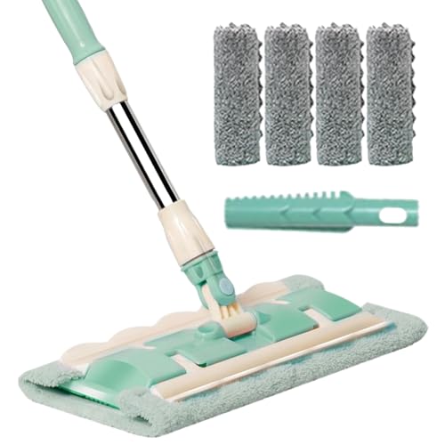 SVCEQZE Mopa plana, 38 x 15 cm, con mango de acero inoxidable, fregona para azulejos, con 4 paños de microfibra lavables, raspador de polvo, herramienta de limpieza telescópica giratoria para azulejos