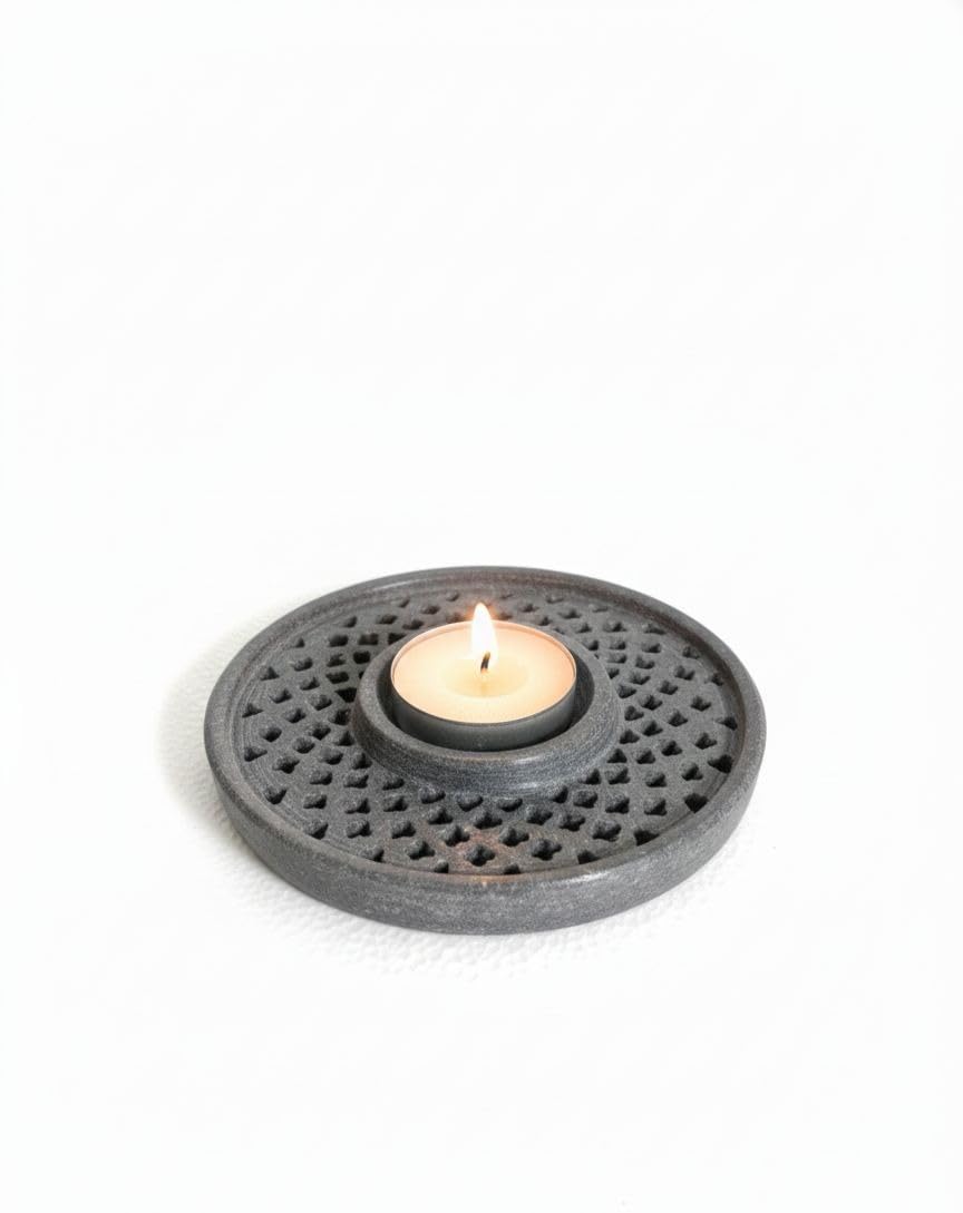Handmade Marble Soapstone T-Light Candle Holder Round Lattice Carved Tealight Diya Decorative Home Décor Showpiece Natural Stone Multicolor Craft for Indoor Outdoor Festive Decoration & Gifting-image-2