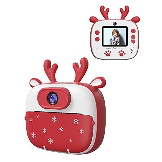 Dragon Touch Cámara Instantánea, Cámara de Fotos para Niños 26MP FHD 1920*1080 con Cámara Dual, Papel de impresión, Pegatinas, Bolígrafos de Colores, Bolsa de Cámara, Type C, 1000mA, InstantFun2 Rojo