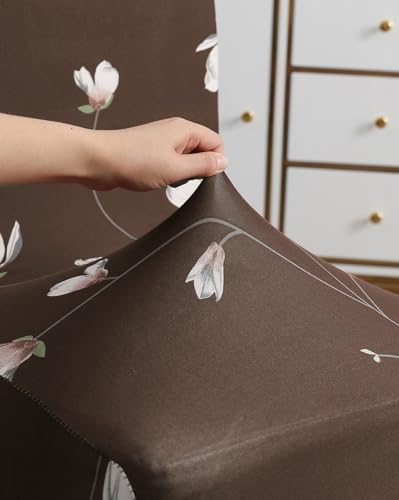 Image of Gifts Island Polyester Floral Print Dining Table Chair Cover Set of 6 Seater Stretchable Washable Chair Seat Slipcover Protector (Brown)