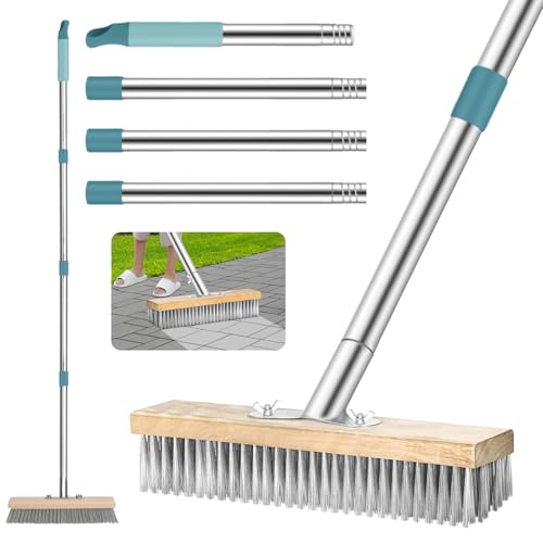 Jortmrd Escoba de Alambre con Mango 136 cm, Escoba de Jardín de Acero Inoxidable Plateado para la Eliminación de Musgo, Limpieza de Suelos de Azulejo y Hormigón