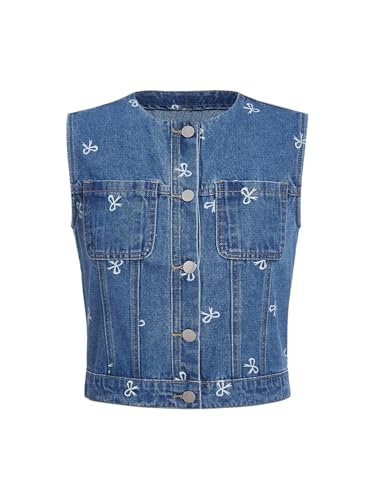 MakeMeChic Women's Bow Denim Vest Button Down Sleeveless Y2k Jean Tops