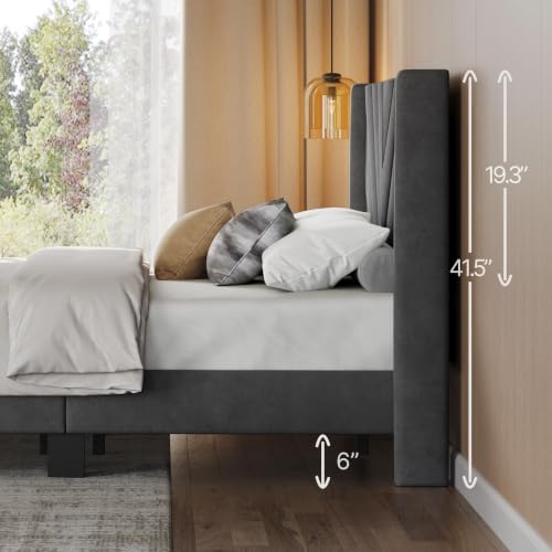 Image of Yaheetech King Bed Frame Upholstered Platform Bed /Wooden Slat Support /Tufted Headboard with Wing Side /Mattress Foundation /No Box Spring Needed,Dark Gray King