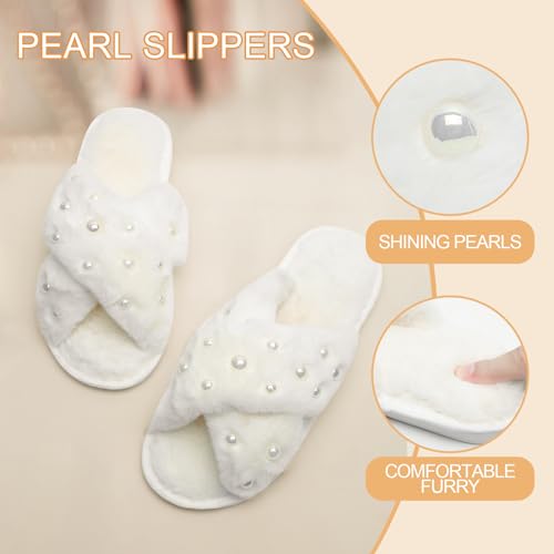 4 Pairs Women's Fuzzy Slippers, White, One Size, Pearl Embellished, Open Toe, Soft Plush, Non-Slip, Wedding & Party Gifts4