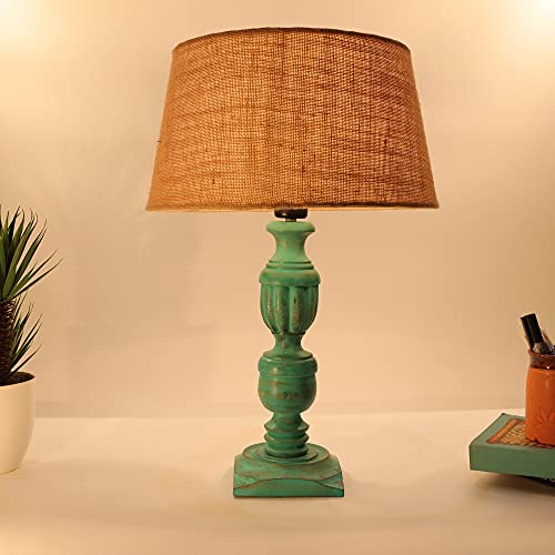 Image of Homesake Handcrafted Wooden Table Lamp for Living Room & Bedroom | Bedside Rustic Algae French Table Lamp with Fabric Jute Shade | Included Bulb | Decorative Wooden Night Lamp for Home Decor, Beige