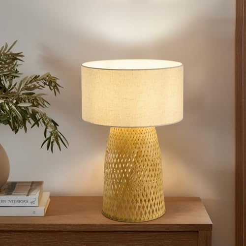 Image of Boho Bamboo Table Lamp, Handwoven Bedside Lamp with Linen Shade, Small Natural Weave Nightstand Light for Living Room, Tea Room, Desk,Beige