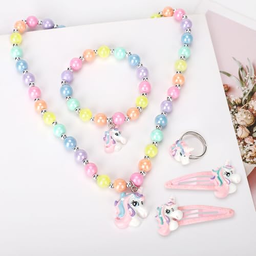 Unicorn Stretch Necklace Little Girl Toddler Necklace Bracelet Hair Clips Set, Little Princess Jewelry Accessories Favors Bags for Girls (1)4