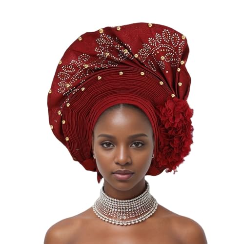 Adjustable Luxury Auto Gele for Women Fashionable Satin Wedding Headdress, African Turban with Brocade special Events (04#Wine Red)