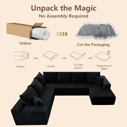 Image of Oversized Modular Sectional Sofa Couch, Large 6 Seater Corner Sofa Modern U Shaped Sectional Couch Cloud Couches for Living Room, Office, Spacious Space, Corduroy, No Assembly Required, Black