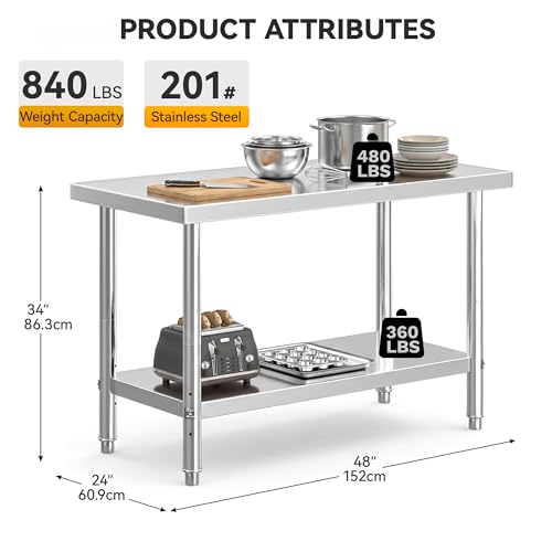 Image of DWVO 48x24in Stainless Steel Table with Adjustable Shelf | NSF Metal Prep Worktable for Kitchen Restaurant Hotel Garage Warehouse Home Commercial