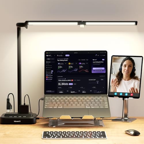 Moremili Adjustable LED Desk Lamp for Home Office | Integrated Power Hub with 2 Wide-Spaced AC Outlets, USB-C & USB-A Charging Ports | Anti-Glare Light, Foldable Design & Surge Protection