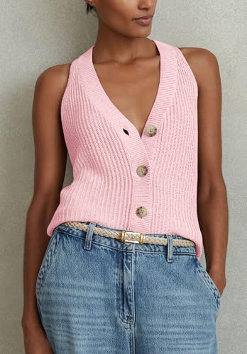 Image of Womens Button-Front Sweater Vest Top V Neck Sleeveless Knit Tank Fitted Halter Raceback Cardigan Vest