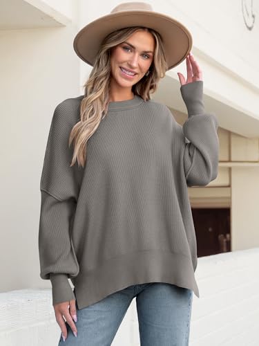 Image of ANRABESS Women Oversized Sweaters Batwing Long Sleeve 2026 Fall Outfits Crewneck Casual Knit Side Slit Fashion Pullover Top